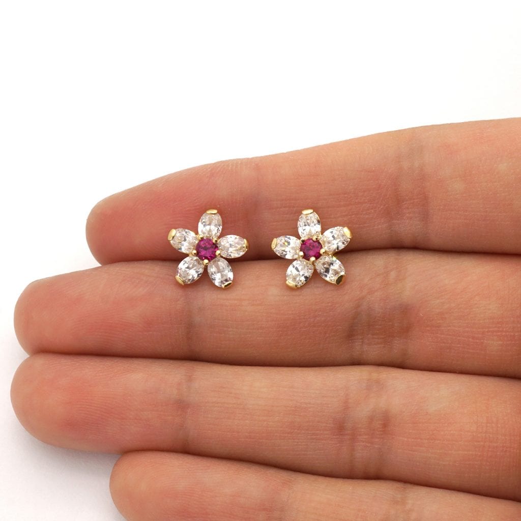 14k Yellow Gold Created Diamond & Ruby Flower Screw Back Stud Earrings 10mm