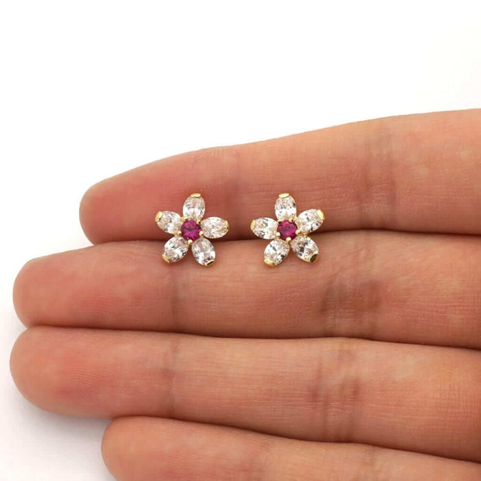 14k Yellow Gold CZ & Ruby Flower Screw Back Stud Earrings 10mm