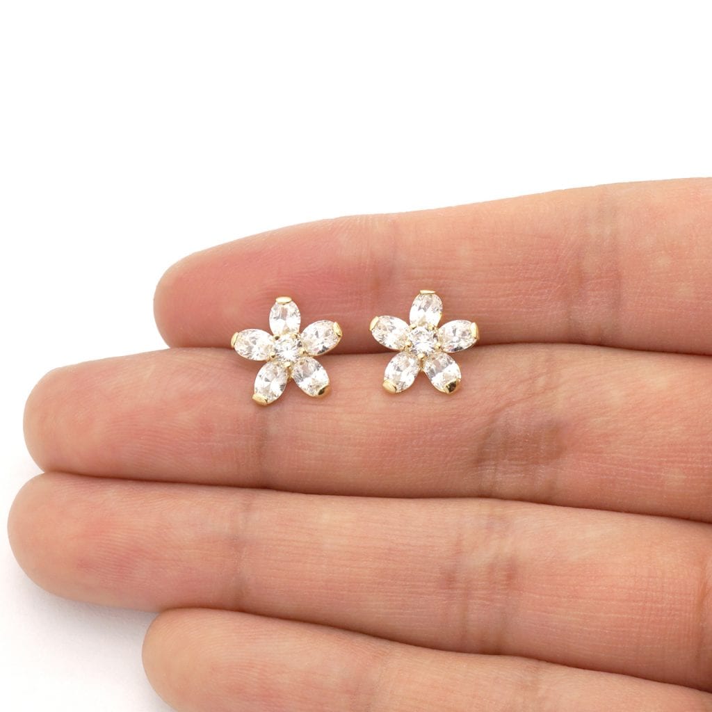 Kid's CZ 14k Yellow Gold Oval Flower Screw Back Stud Earrings