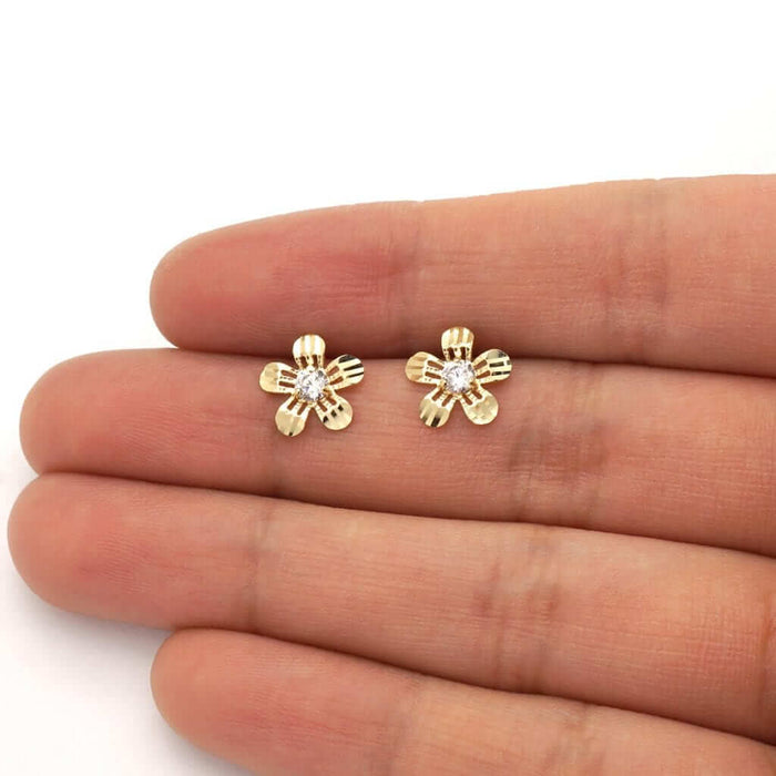 Diamond-Cut Round White Zircon Flower Screw Back Stud Earrings 14k Yellow Gold