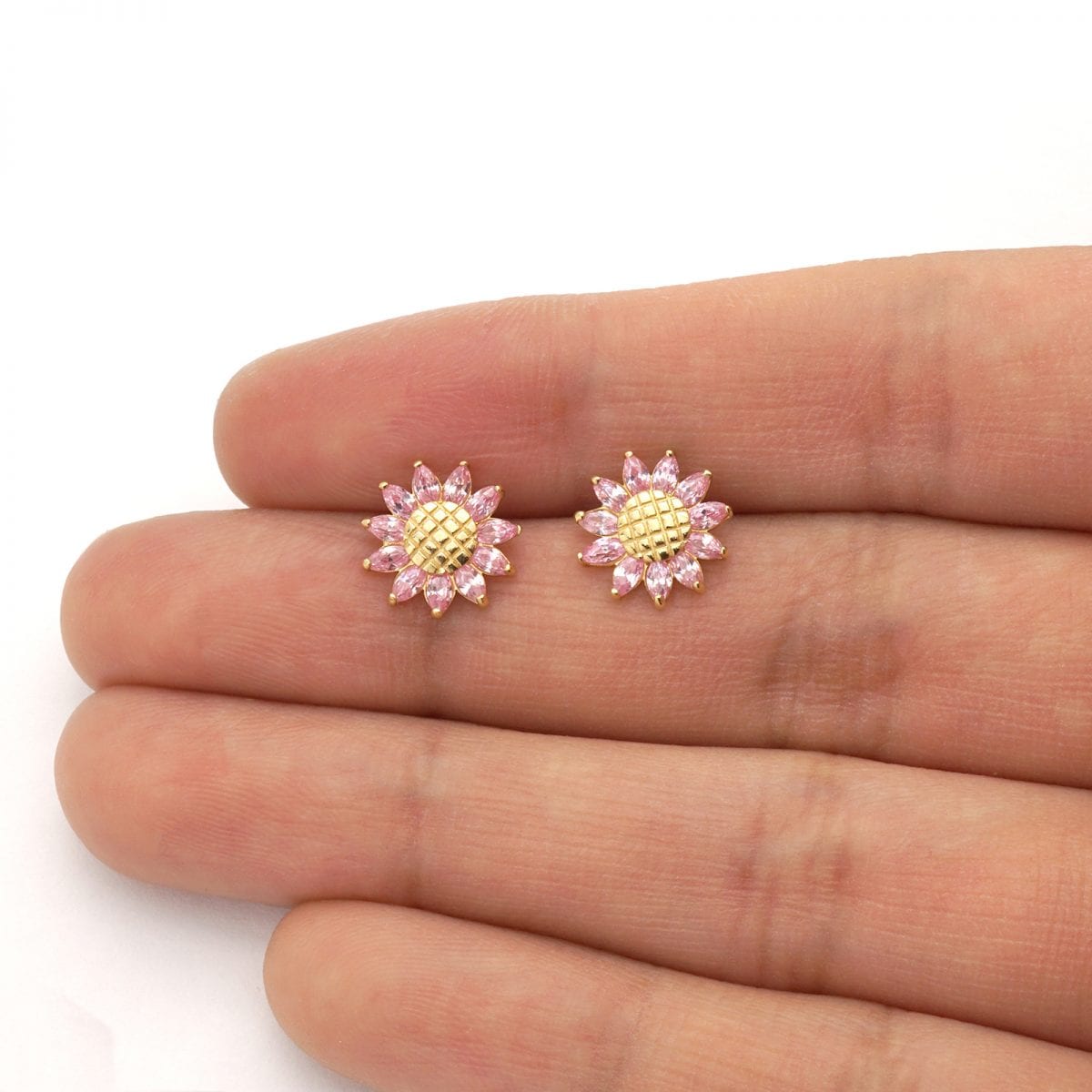 14K Real Gold Marquise Gemstone Sunflower Textured Stud Screwback Earrings
