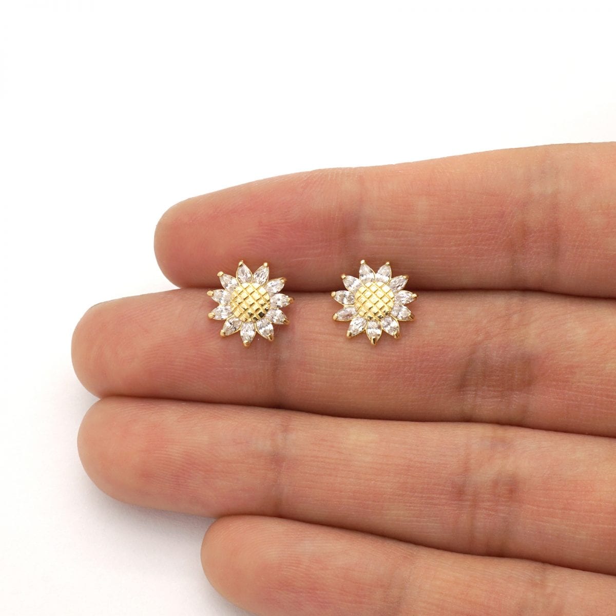 14K Real Gold Marquise Gemstone Sunflower Textured Stud Screwback Earrings