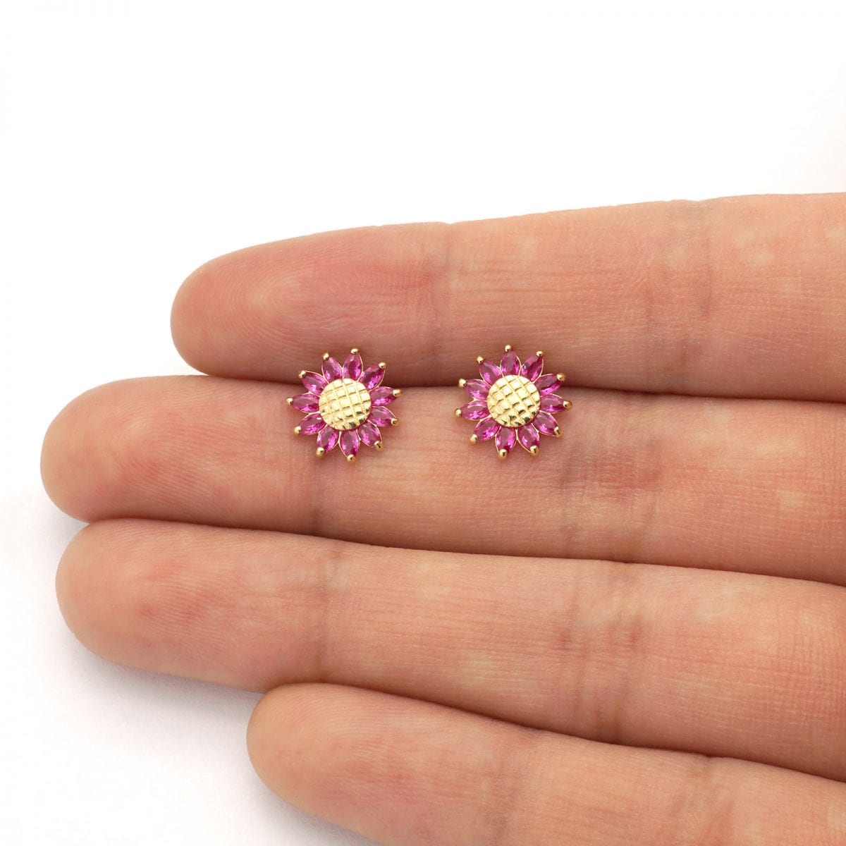 14K Real Gold Marquise Gemstone Sunflower Textured Stud Screwback Earrings