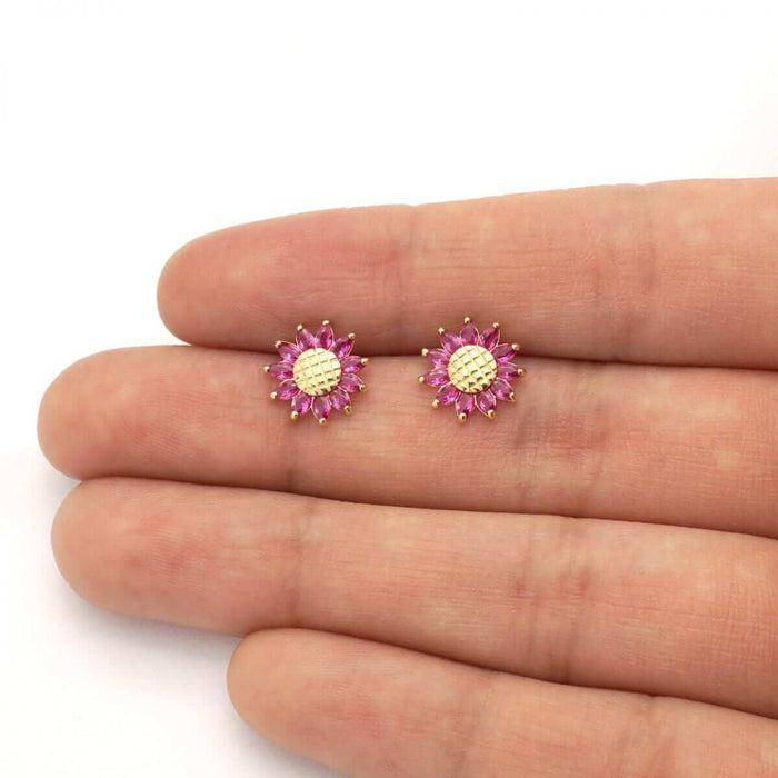14K Gold Marquise Gemstone Sunflower Textured Stud Screw Back Earrings