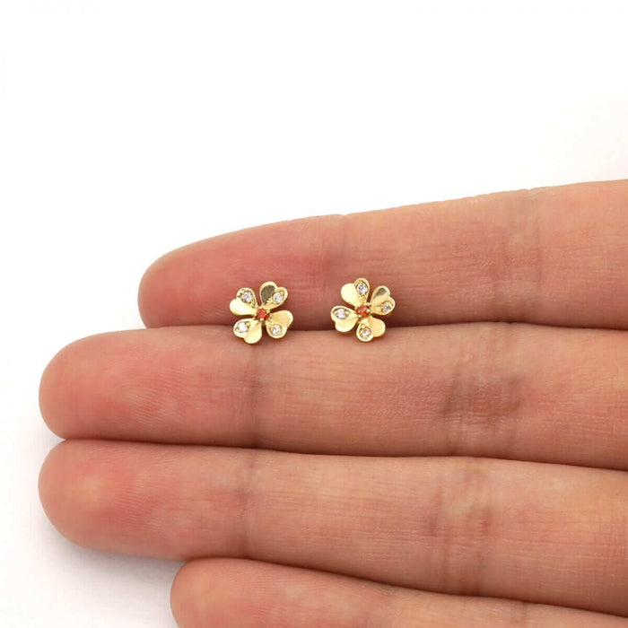 14k Yellow Gold White Zircon & Ruby Flower Shaped Stud Screw Back Earrings