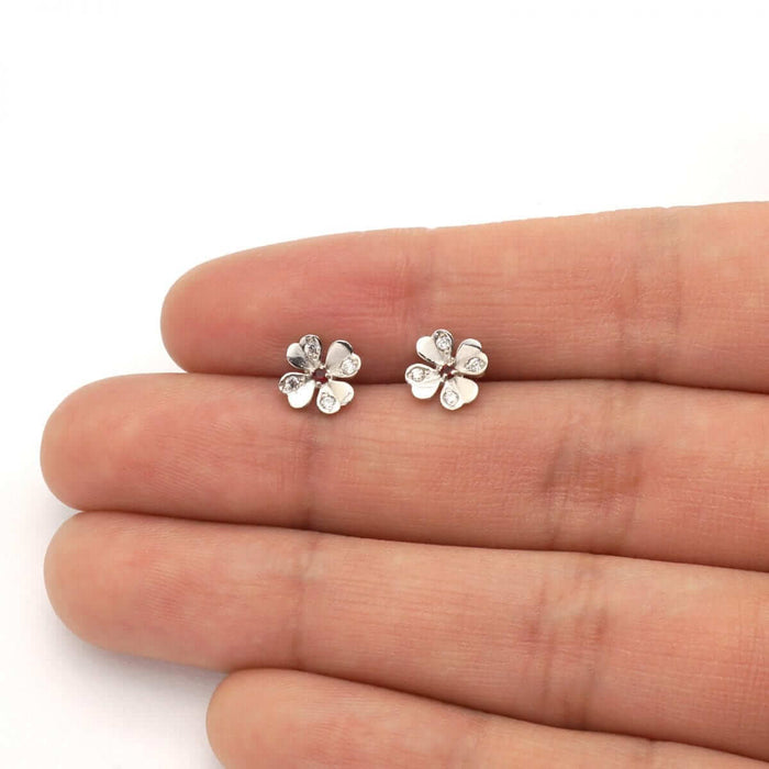 14k Yellow Gold White Zircon & Ruby Flower Shaped Stud Screw Back Earrings