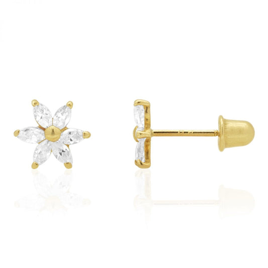 Marquise Cut White Zircon Flower Screwback Stud Kid Earrings 14k Yellow Gold