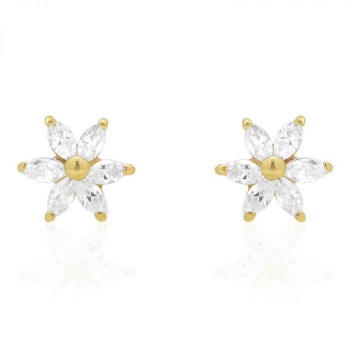 Marquise-Cut White Zircon Flower Screw Back Stud Kid Earrings 14k Yellow Gold