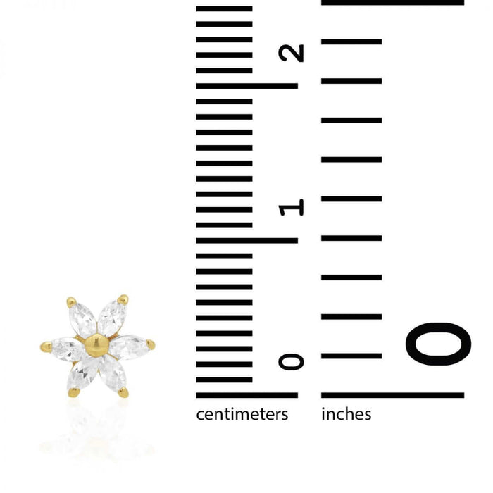 Marquise-Cut White Zircon Flower Screw Back Stud Kid Earrings 14k Yellow Gold