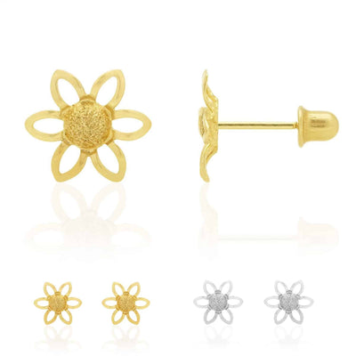 14k Yellow & White Gold Textured Sunflower Screw Back Stud Kid Earrings