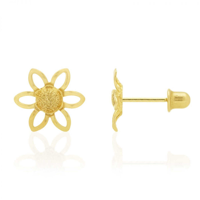 14k Yellow & White Gold Textured Sunflower Screw Back Stud Kid Earrings