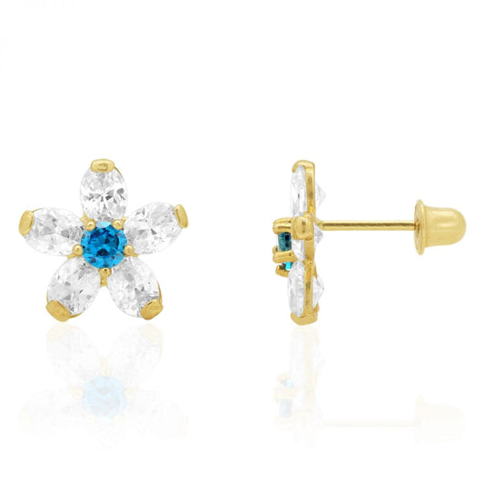 14k Yellow Gold CZ And Blue Topaz Flower Screwback Stud Earrings