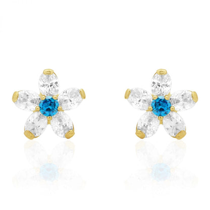 14k Yellow Gold CZ And Blue Topaz Flower Screwback Stud Earrings