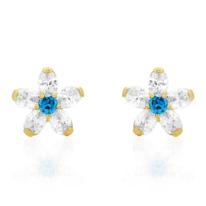 14k Yellow Gold CZ And Blue Topaz Flower Screw Back Stud Earrings