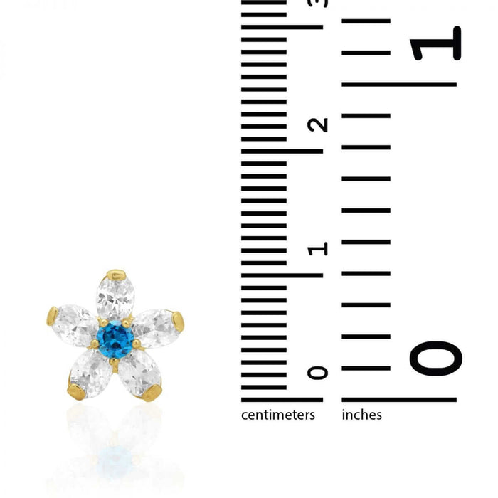14k Yellow Gold CZ And Blue Topaz Flower Screw Back Stud Earrings