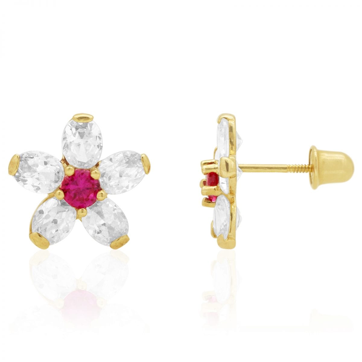 14k Yellow Gold Created Diamond & Ruby Flower Screw Back Stud Earrings 10mm