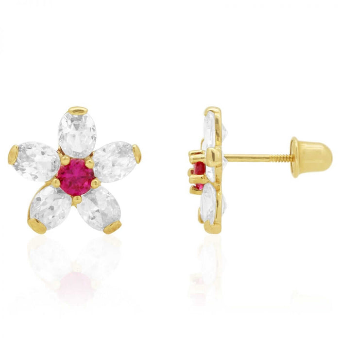 14k Yellow Gold CZ & Ruby Flower Screw Back Stud Earrings 10mm