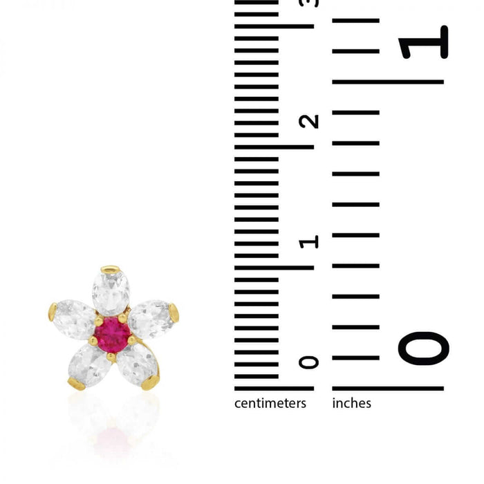 14k Yellow Gold CZ & Ruby Flower Screw Back Stud Earrings 10mm