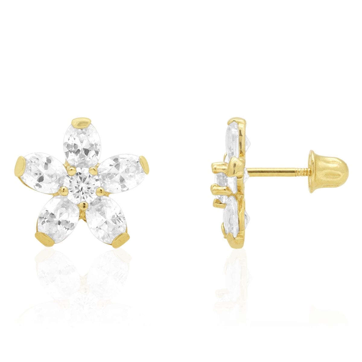 Kid's CZ 14k Yellow Gold Oval Flower Screw Back Stud Earrings