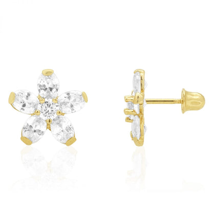 Kid's CZ 14k Yellow Gold Oval Flower Screw Back Stud Earrings