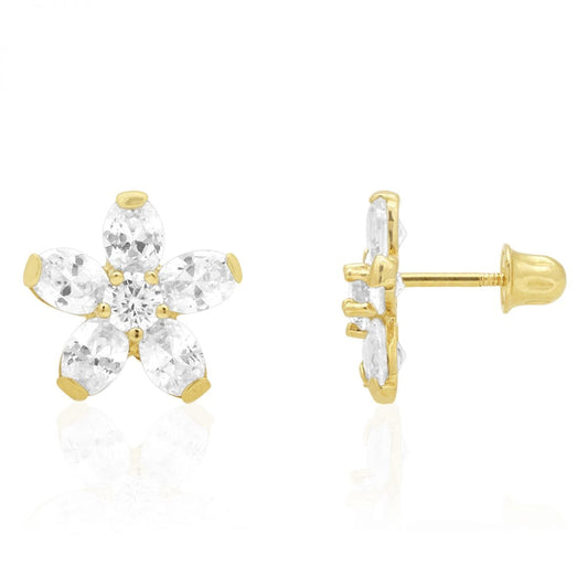 Kid's CZ 14k Yellow Gold Oval Flower Screw Back Stud Earrings