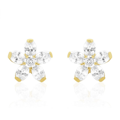 Kid's CZ 14k Yellow Gold Oval Flower Screw Back Stud Earrings
