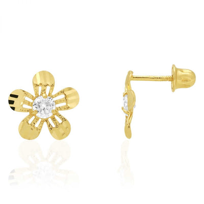 Diamond-Cut Round White Zircon Flower Screw Back Stud Earrings 14k Yellow Gold