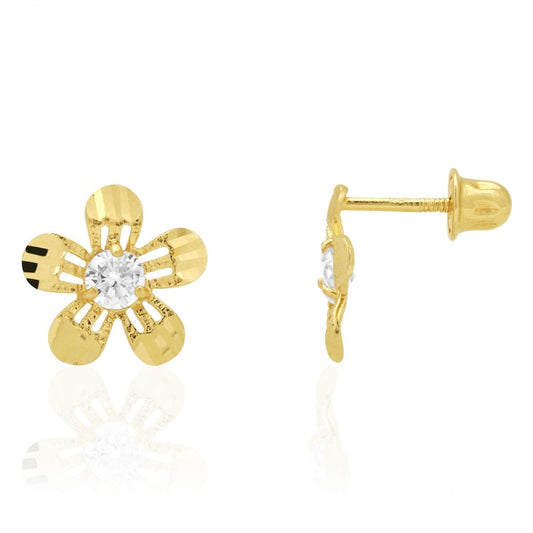 Diamond Cut Round White Zircon Flower Screwback Stud Earrings 14k Yellow Gold