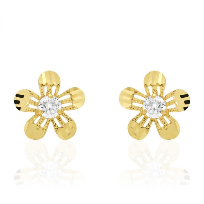 Diamond-Cut Round White Zircon Flower Screw Back Stud Earrings 14k Yellow Gold