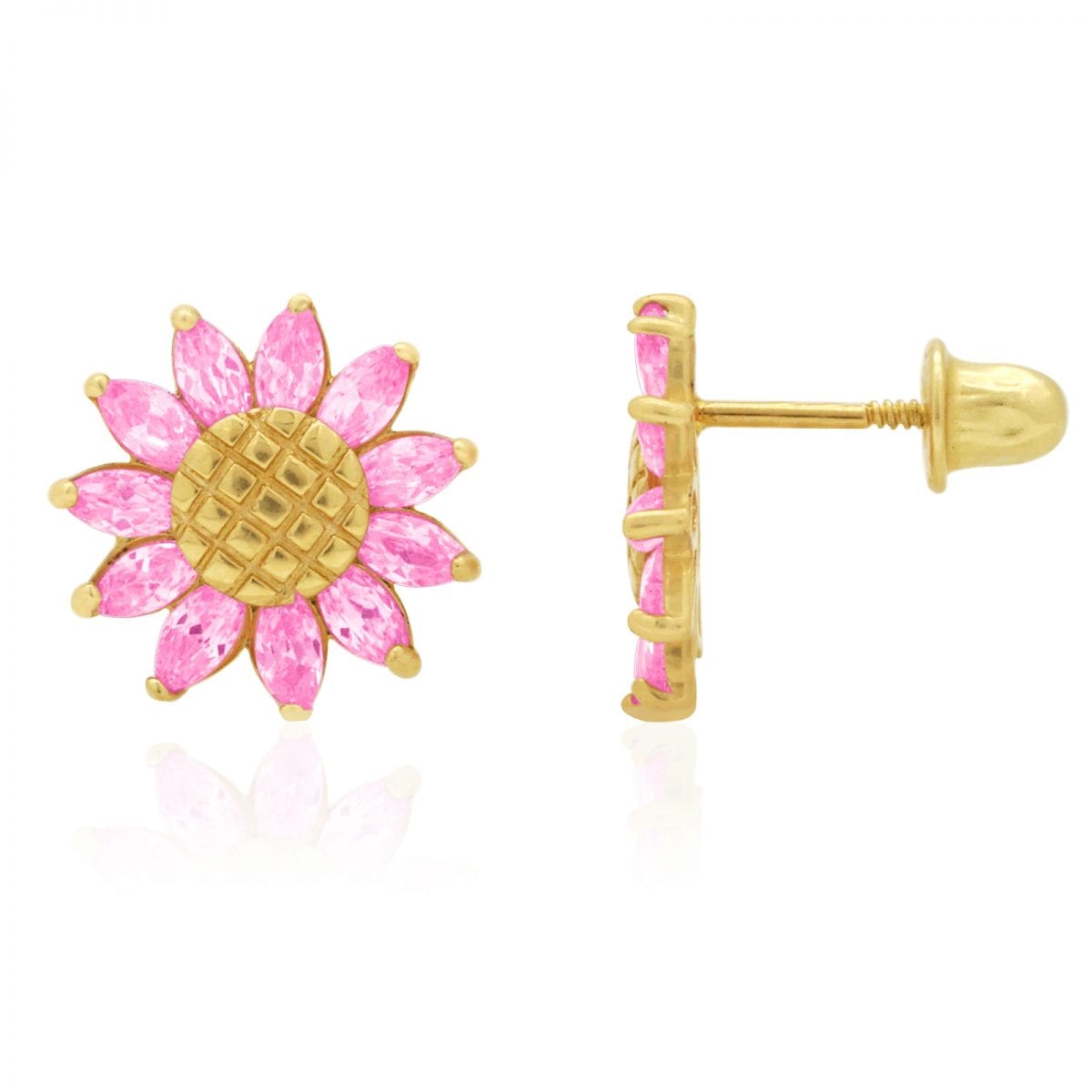 14K Real Gold Marquise Gemstone Sunflower Textured Stud Screwback Earrings