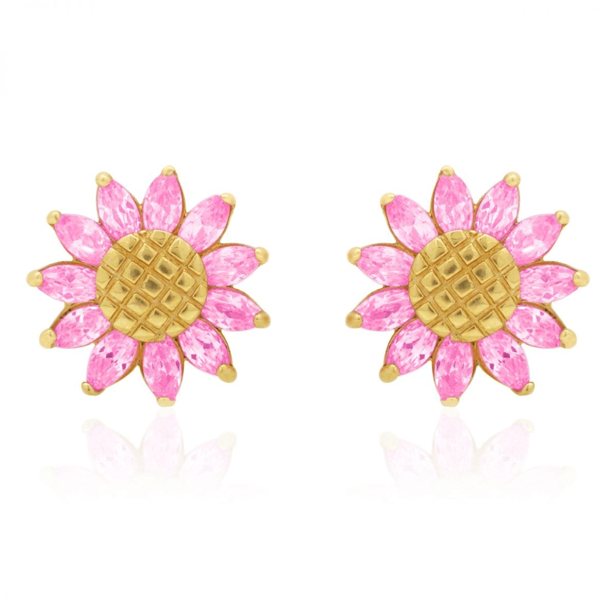 14K Real Gold Marquise Gemstone Sunflower Textured Stud Screwback Earrings
