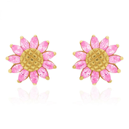 14K Real Gold Marquise Gemstone Sunflower Textured Stud Screwback Earrings