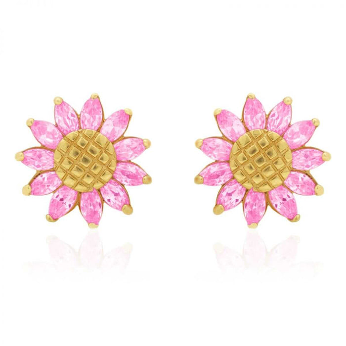 14K Gold Marquise Gemstone Sunflower Textured Stud Screw Back Earrings