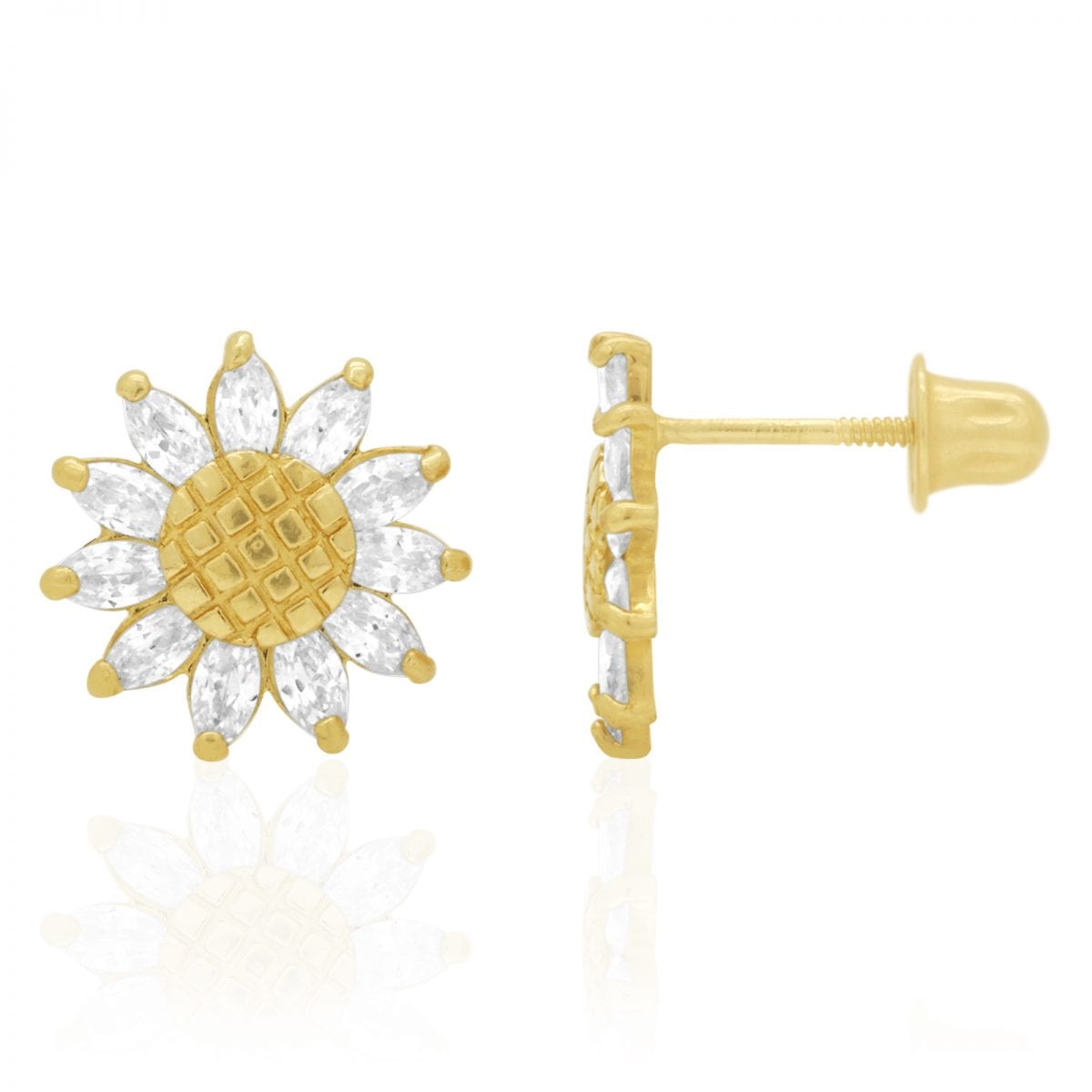 14K Real Gold Marquise Gemstone Sunflower Textured Stud Screwback Earrings