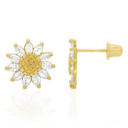 14K Real Gold Marquise Gemstone Sunflower Textured Stud Screwback Earrings