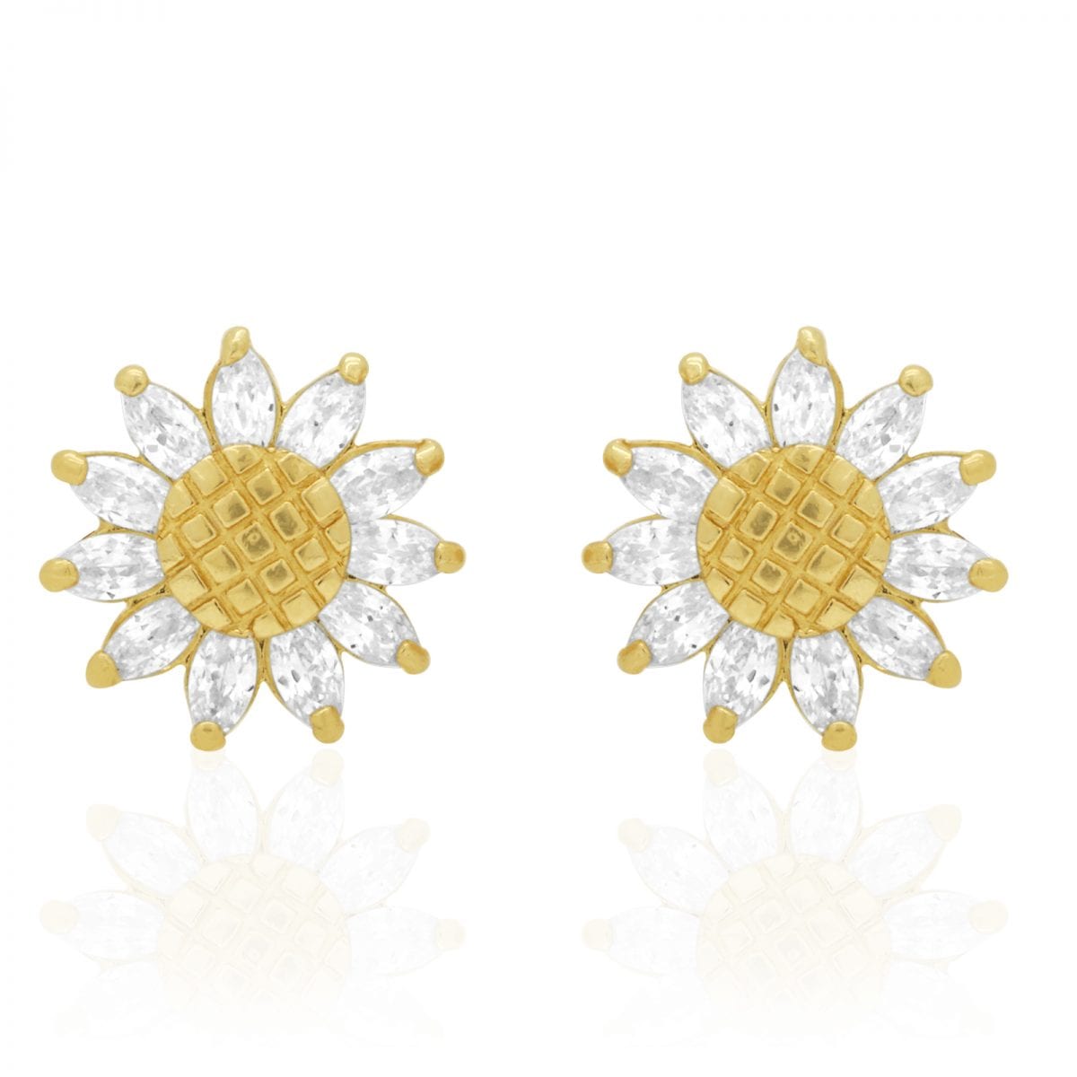 14K Real Gold Marquise Gemstone Sunflower Textured Stud Screwback Earrings