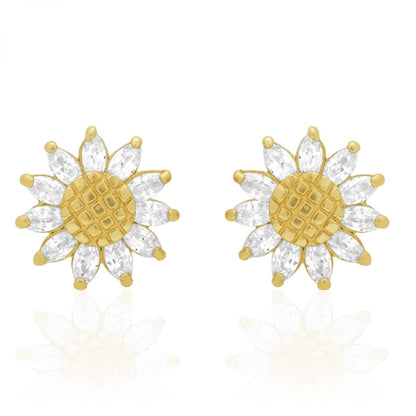 14K Real Gold Marquise Gemstone Sunflower Textured Stud Screwback Earrings
