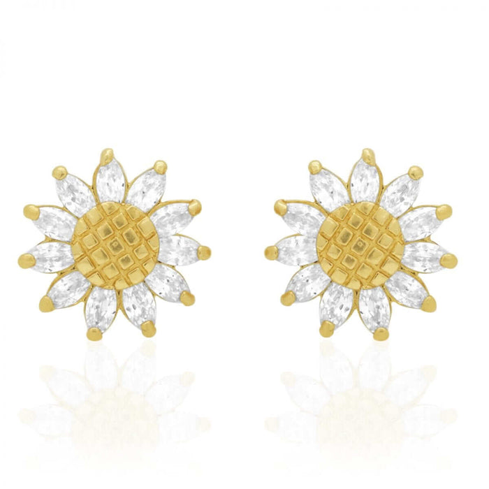 14K Gold Marquise Gemstone Sunflower Textured Stud Screw Back Earrings