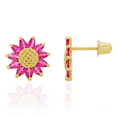 14K Gold Marquise Gemstone Sunflower Textured Stud Screw Back Earrings