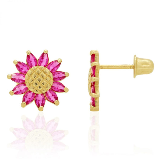 14K Real Gold Marquise Gemstone Sunflower Textured Stud Screwback Earrings