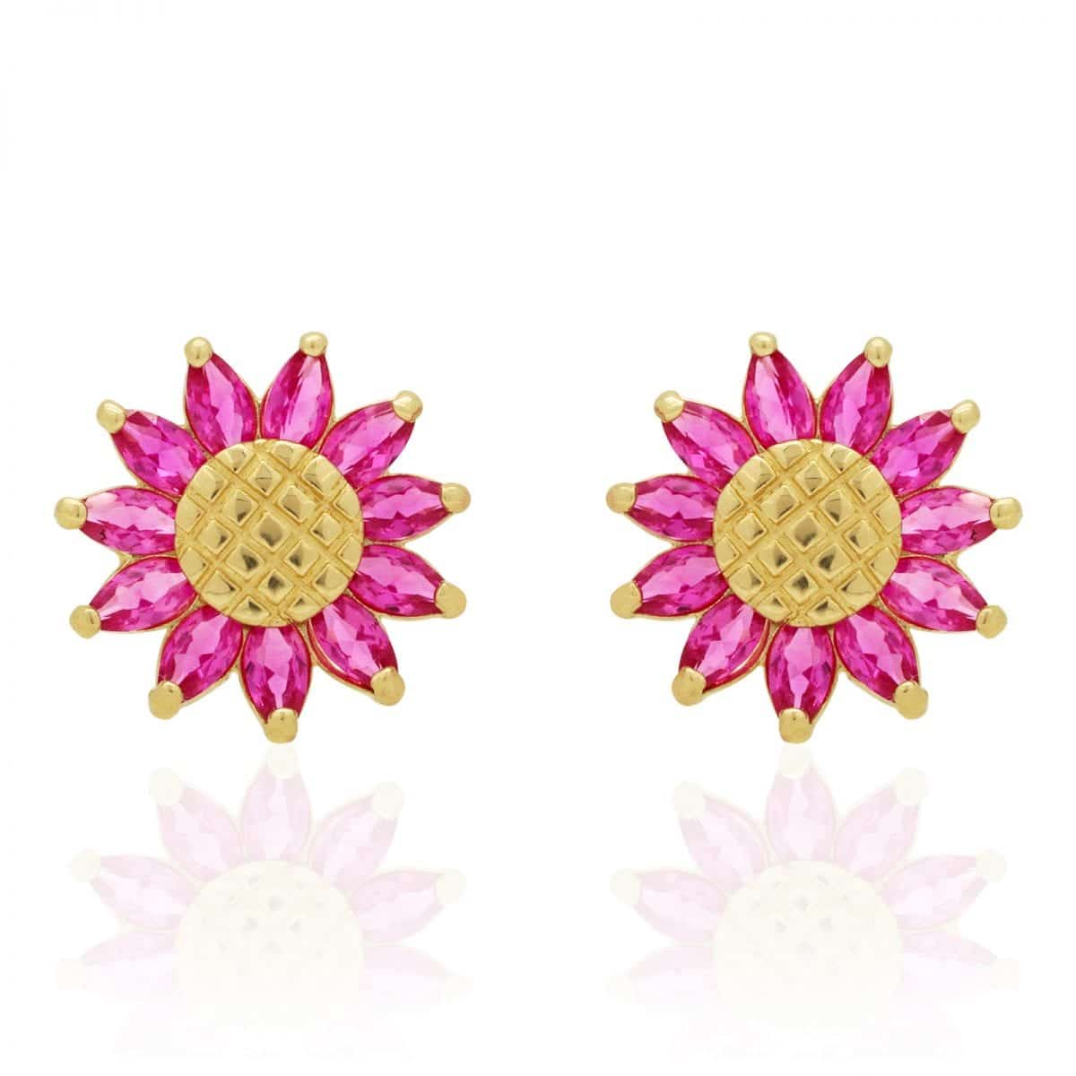 14K Real Gold Marquise Gemstone Sunflower Textured Stud Screwback Earrings