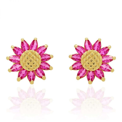 14K Real Gold Marquise Gemstone Sunflower Textured Stud Screwback Earrings