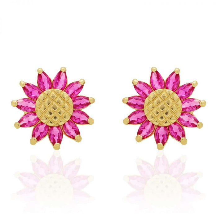 14K Gold Marquise Gemstone Sunflower Textured Stud Screw Back Earrings