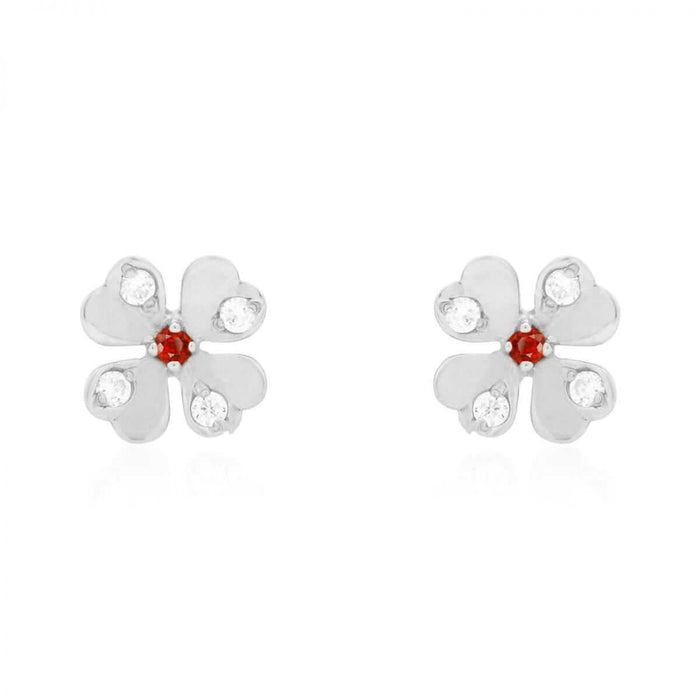 14k Yellow Gold White Zircon & Ruby Flower Shaped Stud Screw Back Earrings
