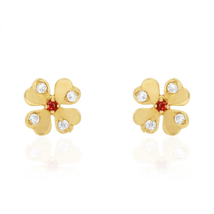 14k Yellow Gold White Zircon & Ruby Flower Shaped Stud Screw Back Earrings