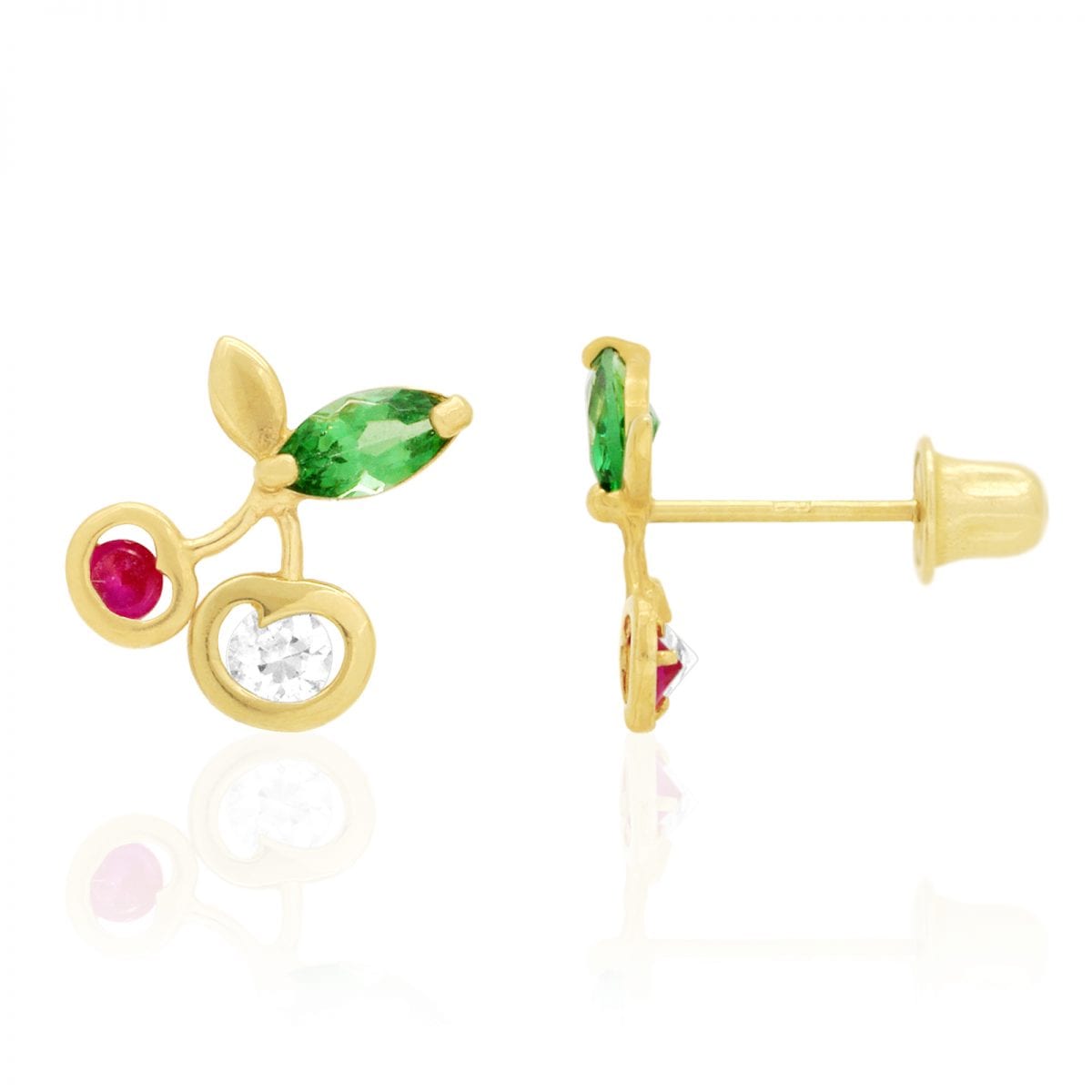 14k Yellow Gold Ruby Emerald & Zircon Gemstone Cherry Screwback Stud Earrings