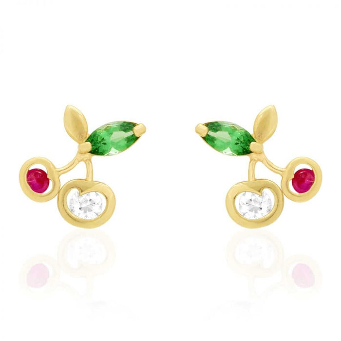14k Yellow Gold Ruby Emerald & Zircon Gemstone Cherry Screw Back Stud Earrings