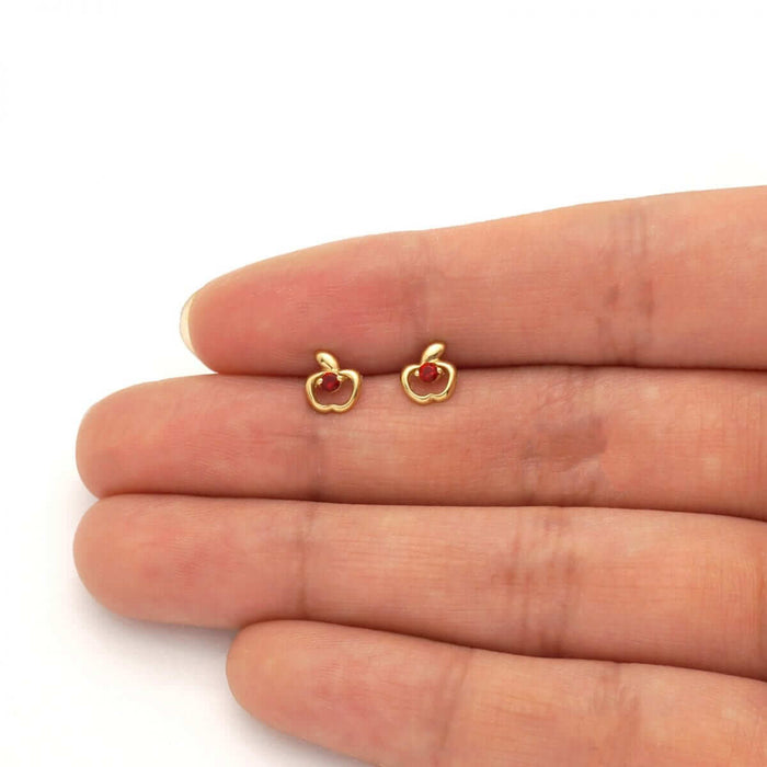 Ruby Gemstone Apple Shaped Stud Baby Screw Back Kid Earrings 14k Yellow Gold