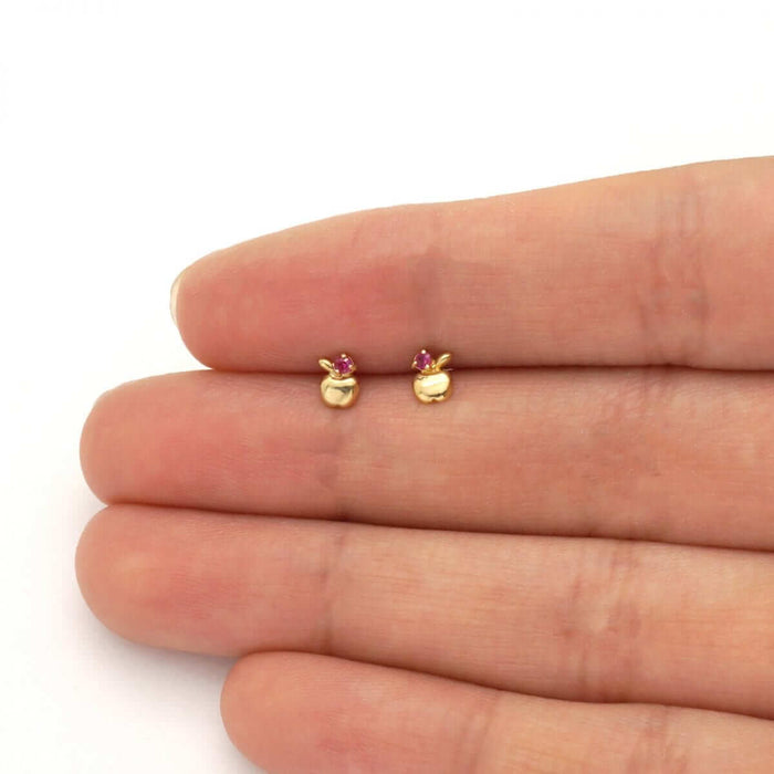 14k Yellow Gold Ruby Gemstone Apple Shaped Stud Baby Screw Back Kid Earrings