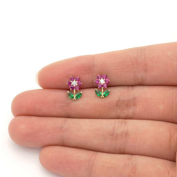 14K Gold CZ, Ruby, Emerald Gemstone Flower Stud Screw Back Earrings